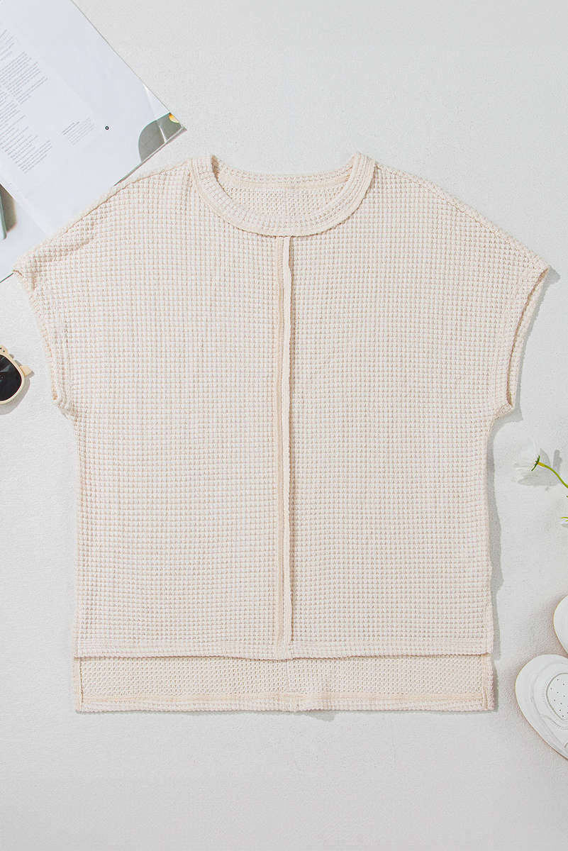 Pale Khaki Solid Color Textured Seamed Short Sleeve Top