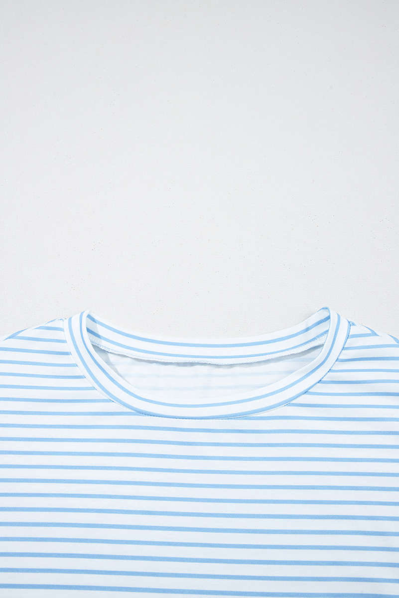 Sky Blue Stripe Floral Three Quarter Sleeves Patchwork Drop Shoulder Top