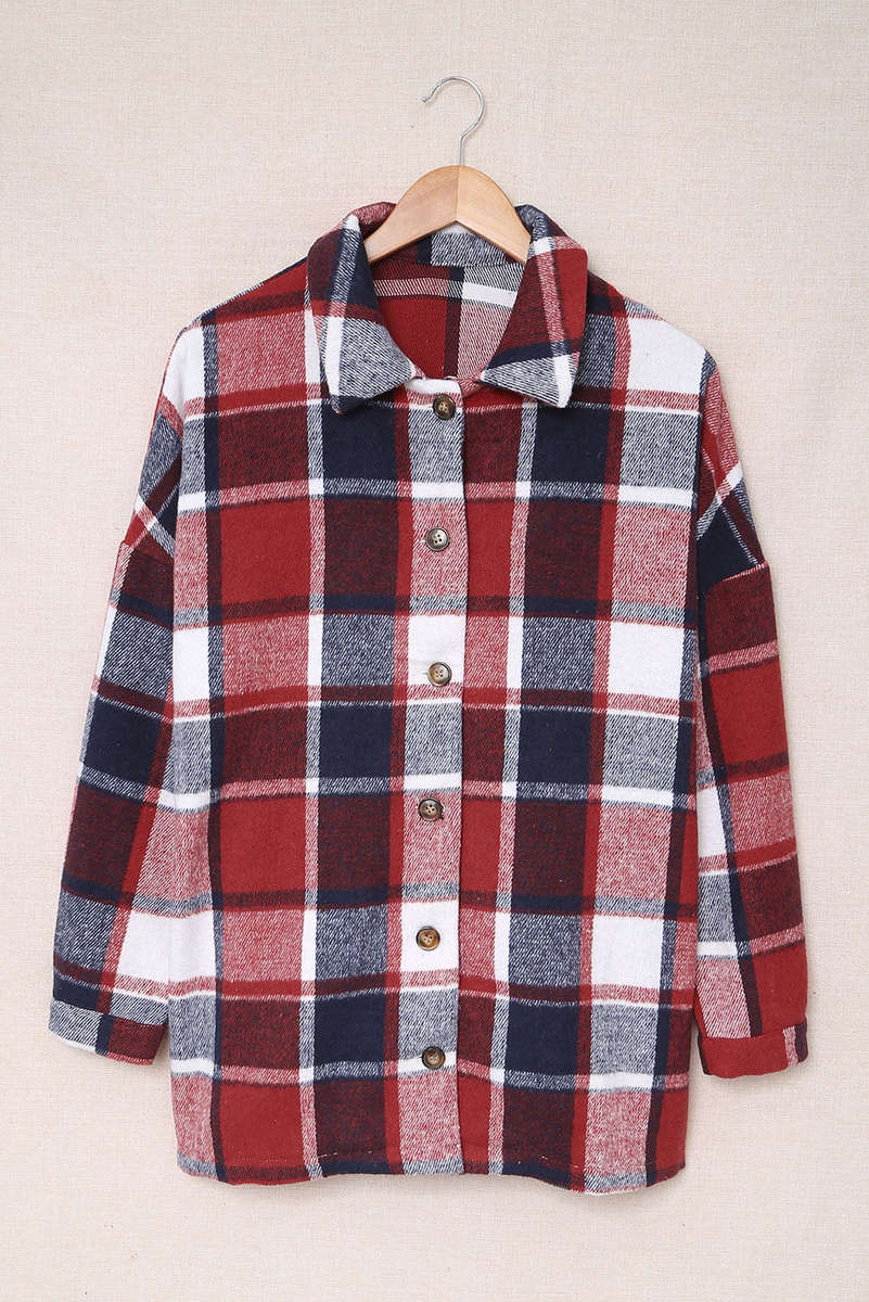 Fiery Red Plaid Print Buttoned Shirt Jacket