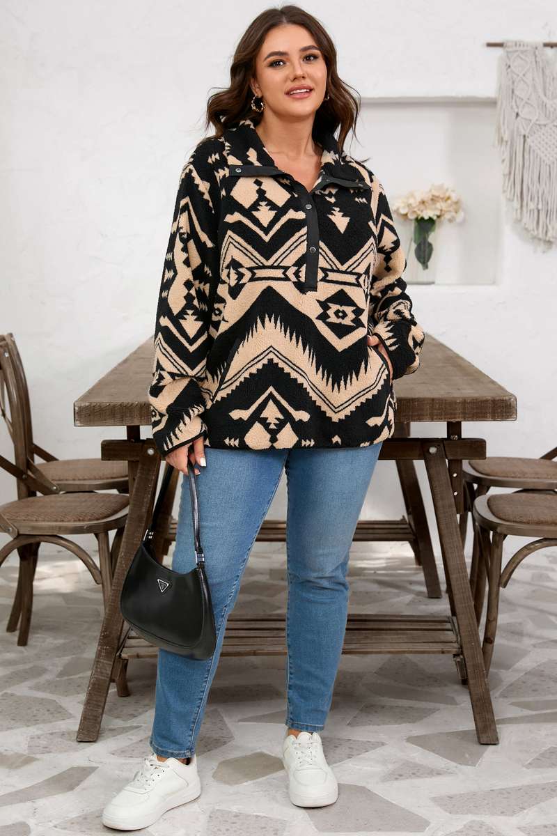 Black Plus Size Western Aztec Pattern Half Button Collared Plush Sweatshirt