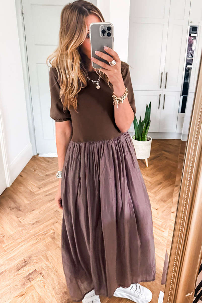 Coffee Short Sleeve Knit Top Patchwork Pleated Long Dress