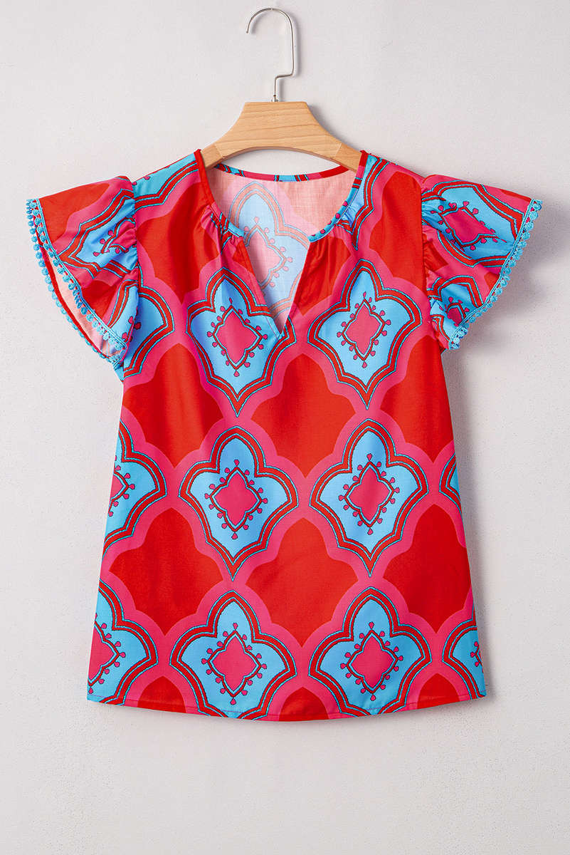 Red Abstract Floral Print Trimmed Flutter Sleeve Blouse