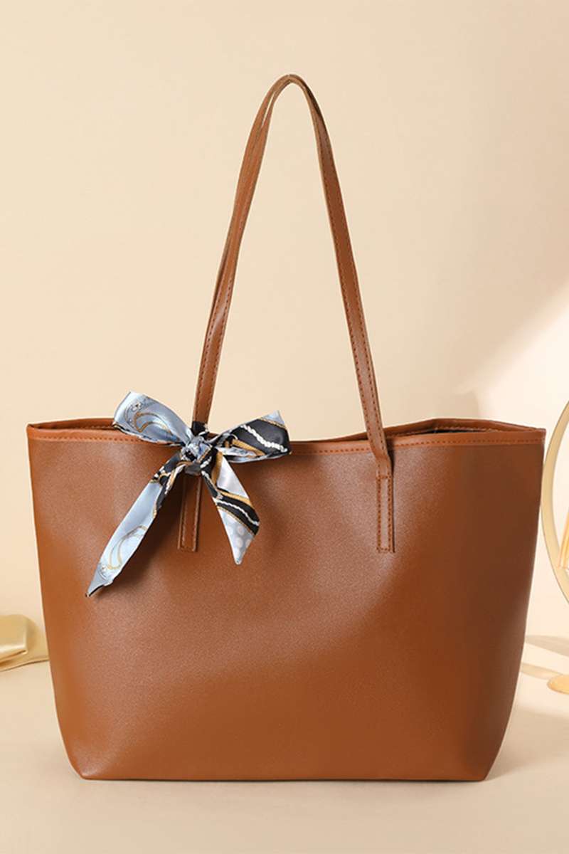 Chestnut Solid Color Large Capacity PU Leather Bag with Ribbon Detail