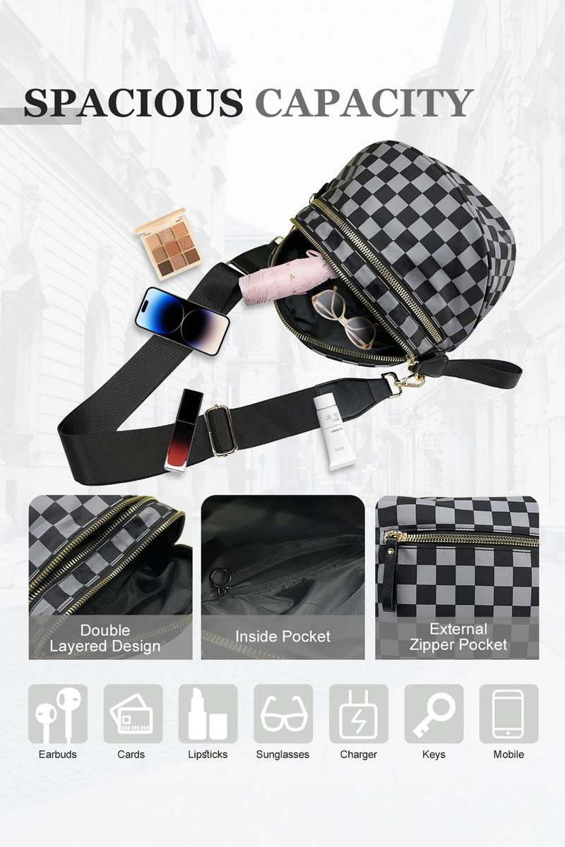 Dark Grey Checkered Print Wide Strap Large Crossbody Bag
