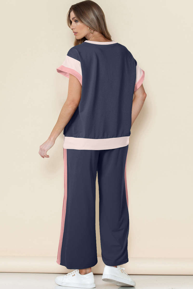 Navy Blue Color Block Detail Casual Two-piece Set