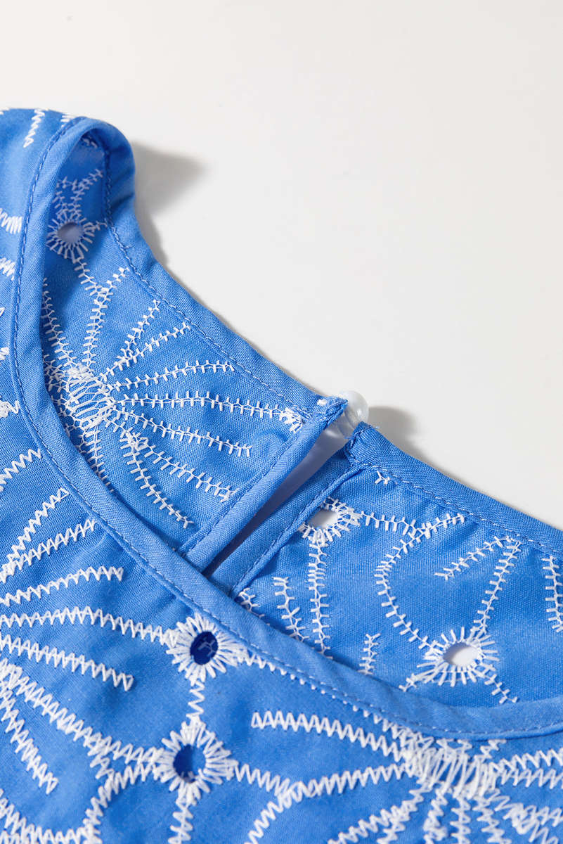 Sky Blue Eyelet Flower Embroidery Frilled Short Puff Sleeve Blouse