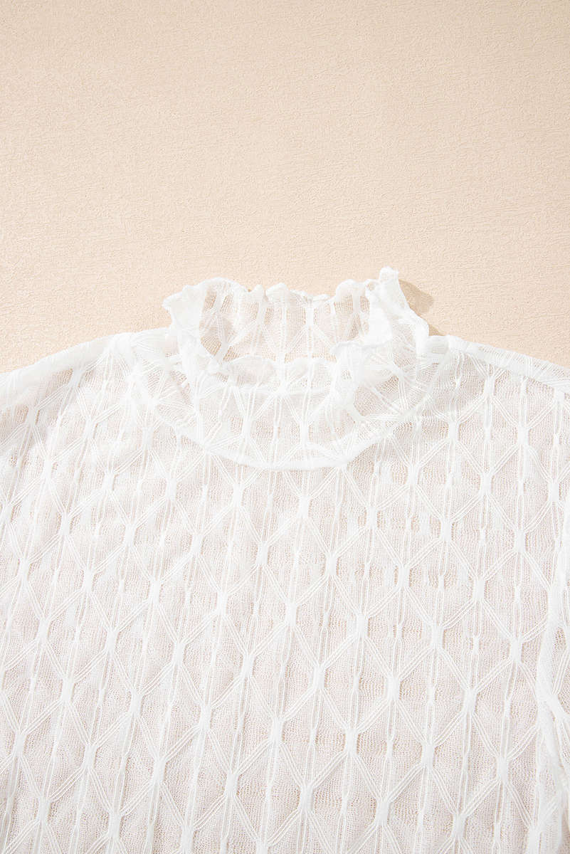 Beige Sheer Mesh Patterned Lettuce Trim Slim Long Sleeve Top