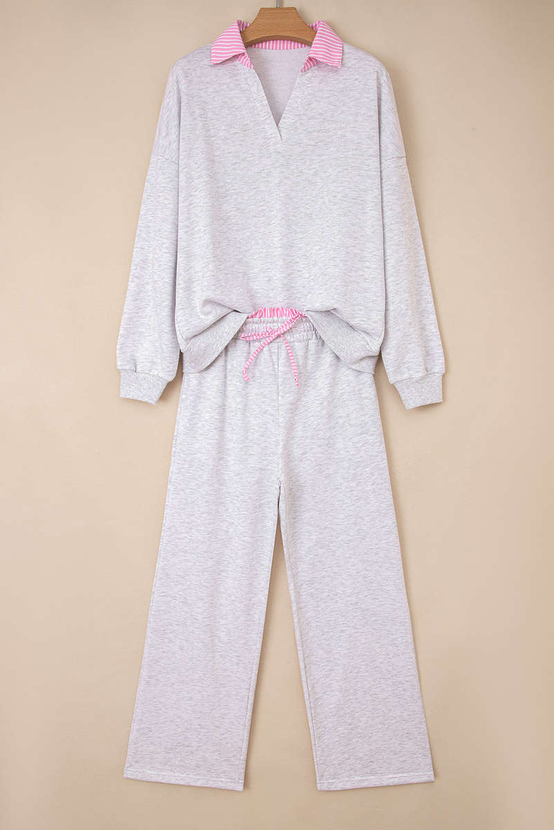Light Grey 2pcs Contrasted Trim Frilled Collar Drop Shoulder Pullover Drawstring Pant Set