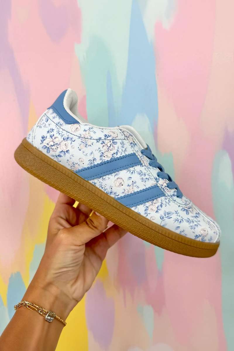 Light Blue Floral Print Lace-up PU Leather Flat Shoes