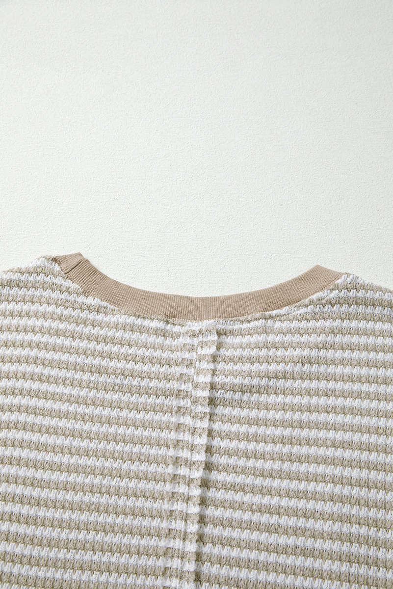 Brown Stripe Ribbed Trim Drop Shoulder Long Sleeve Oversize Top