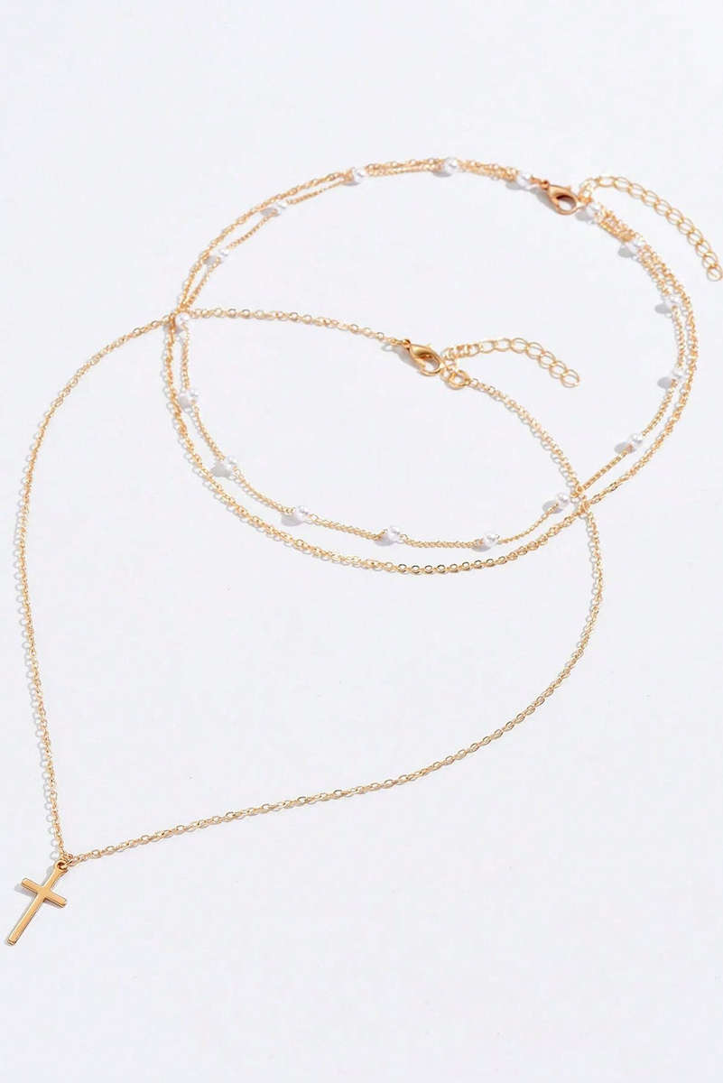 Gold Plated Cross Pendant Pearl Decor Triple Layer Chain Necklace