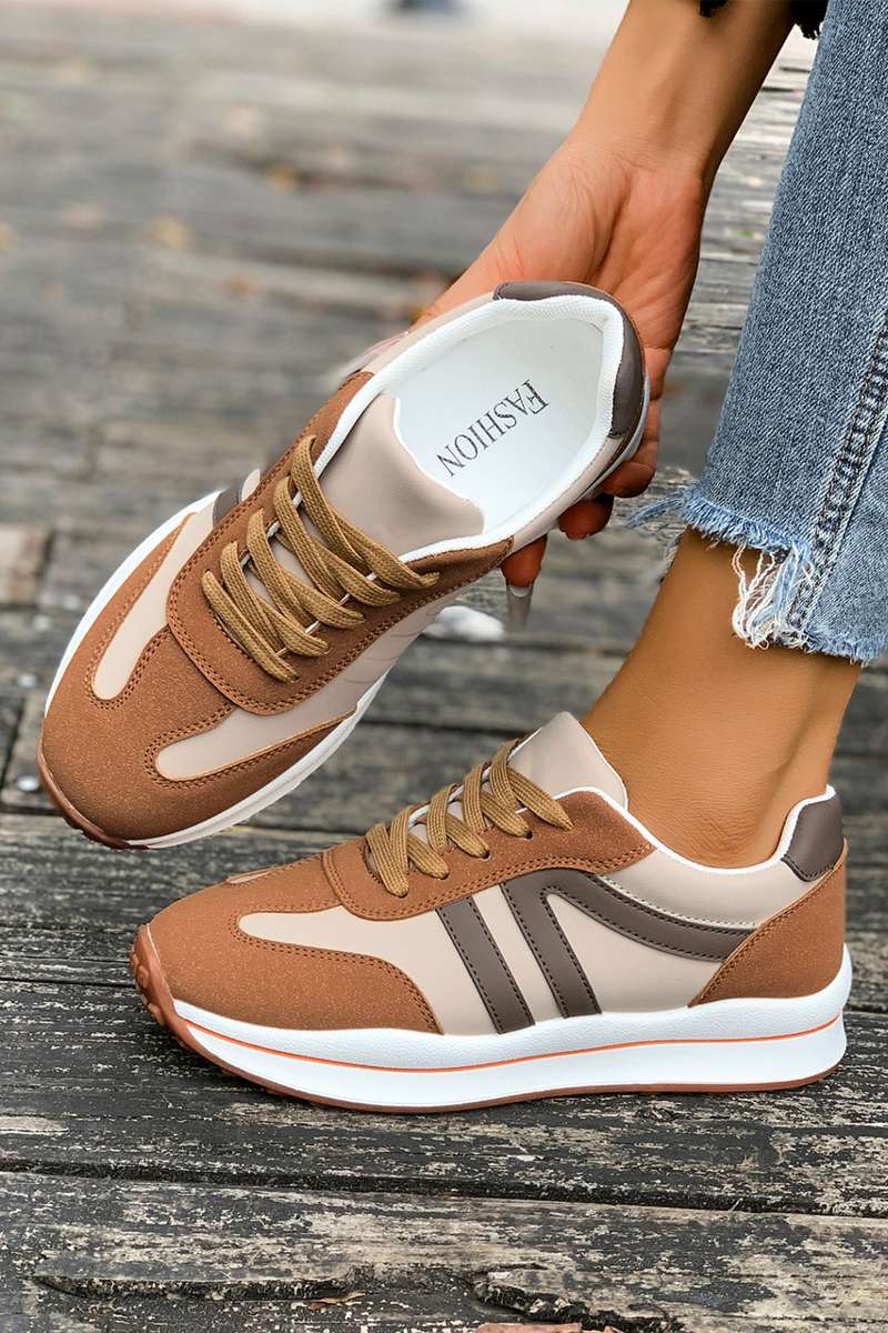 Brown Varsity Color Block Patchwork Lace-up PU Leather Sneakers