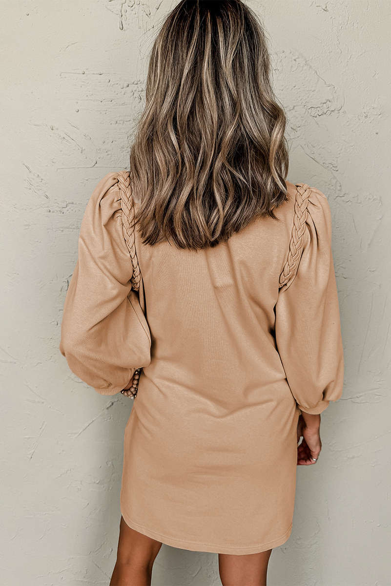 Light French Beige Braided Trim Puff Sleeve Dress