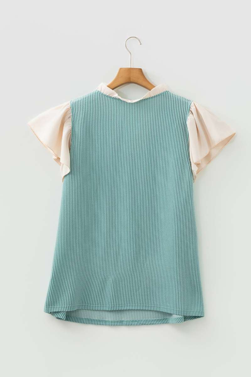 Light Blue Plus Size Contrast Frilled Neckline Ruffled Short Sleeve Ribbed Textured Blouse