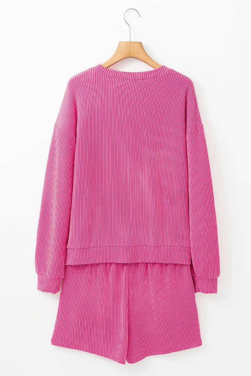 Strawberry Pink Corded Textured Long Sleeve Top and Shorts Set