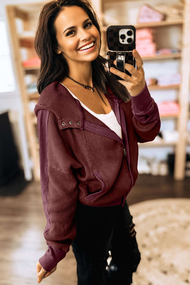 Burgundy Waffle Splicing Zip Up Front Button Hooded Jacket