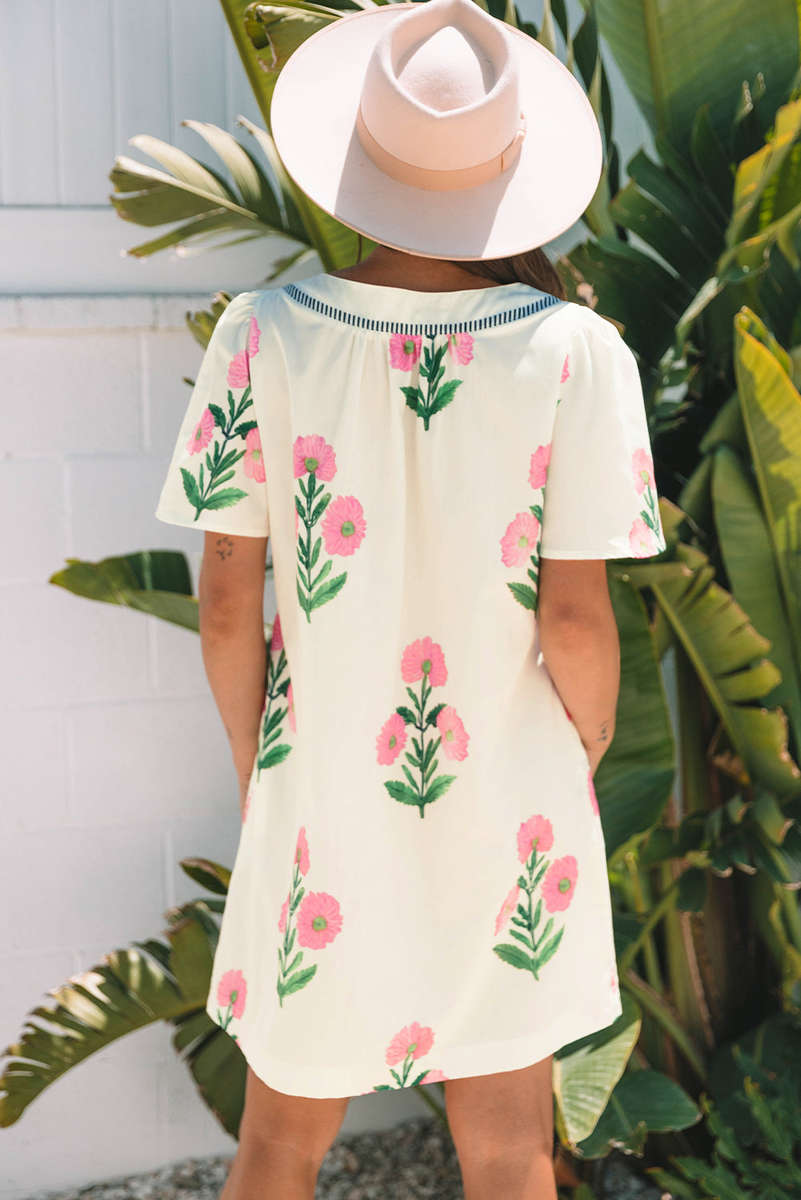 Apricot Floral Short Sleeve Split Neck Loose Mini Dress