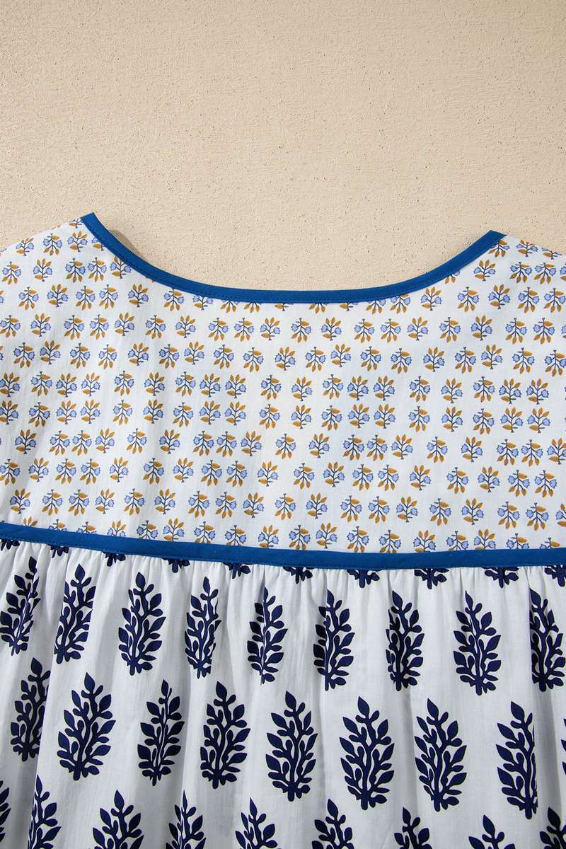White Plus Size Boho Floral Print Contrast Trim Split Neck Puff Sleeve Patchwork Blouse