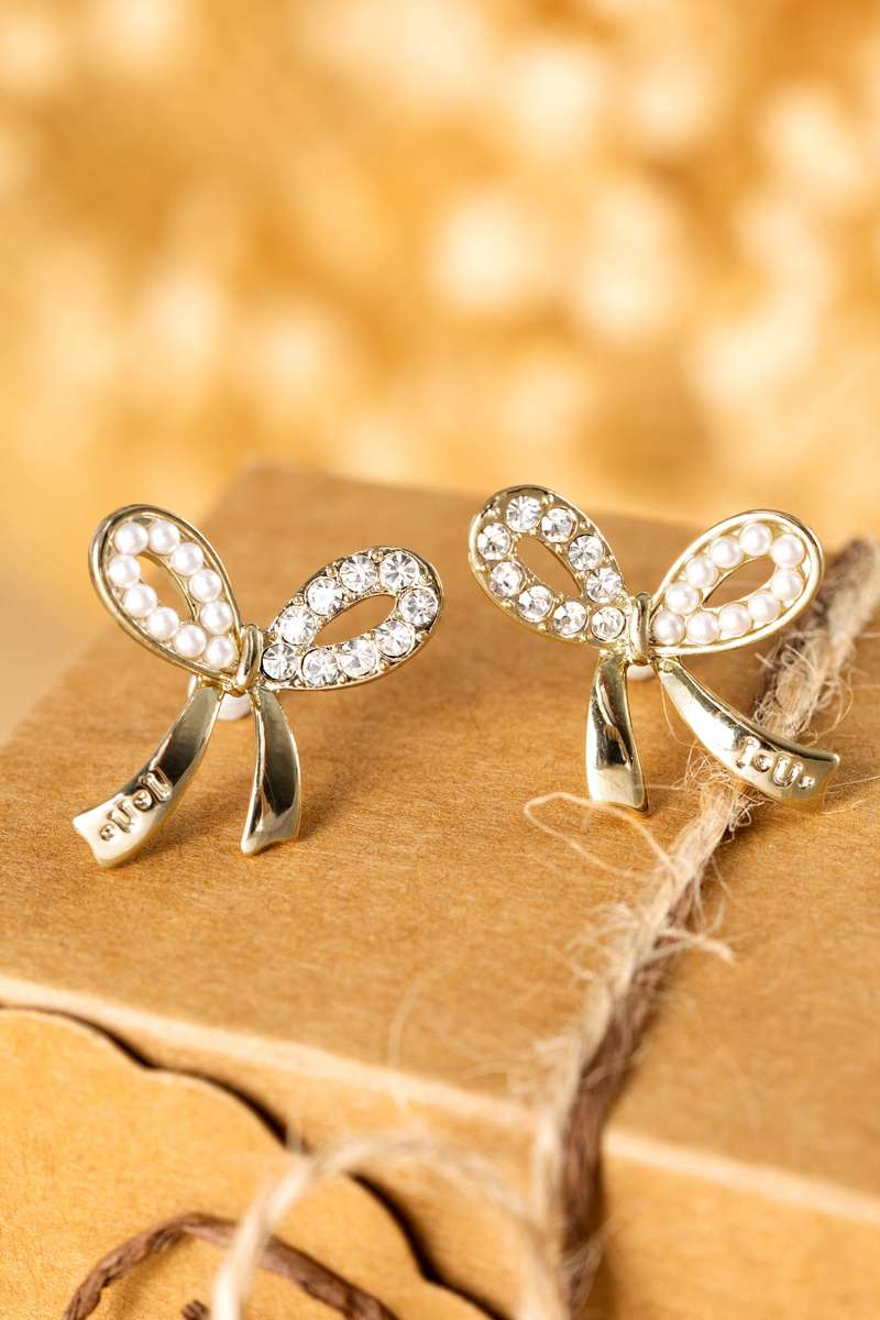 Gold Rhinestone Pearl Bow Earrings