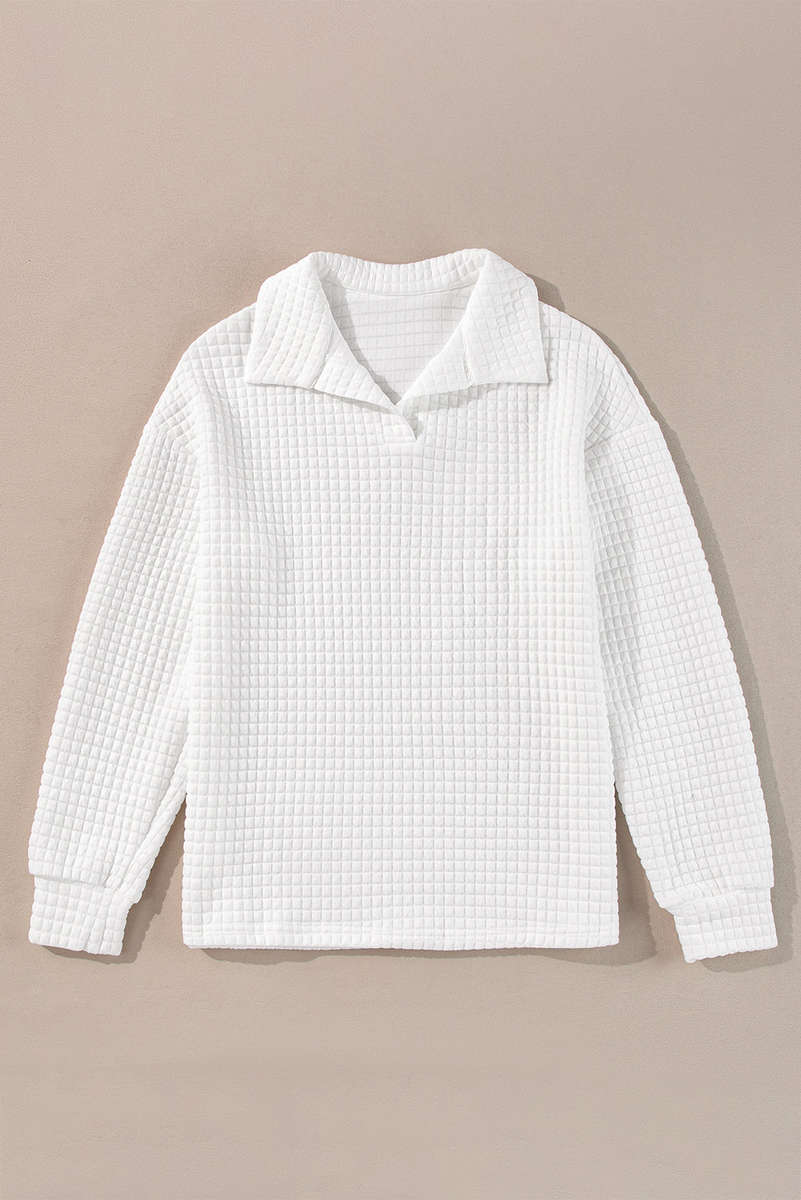 White Quilted Texture Sporty Collared Long Sleeve Top