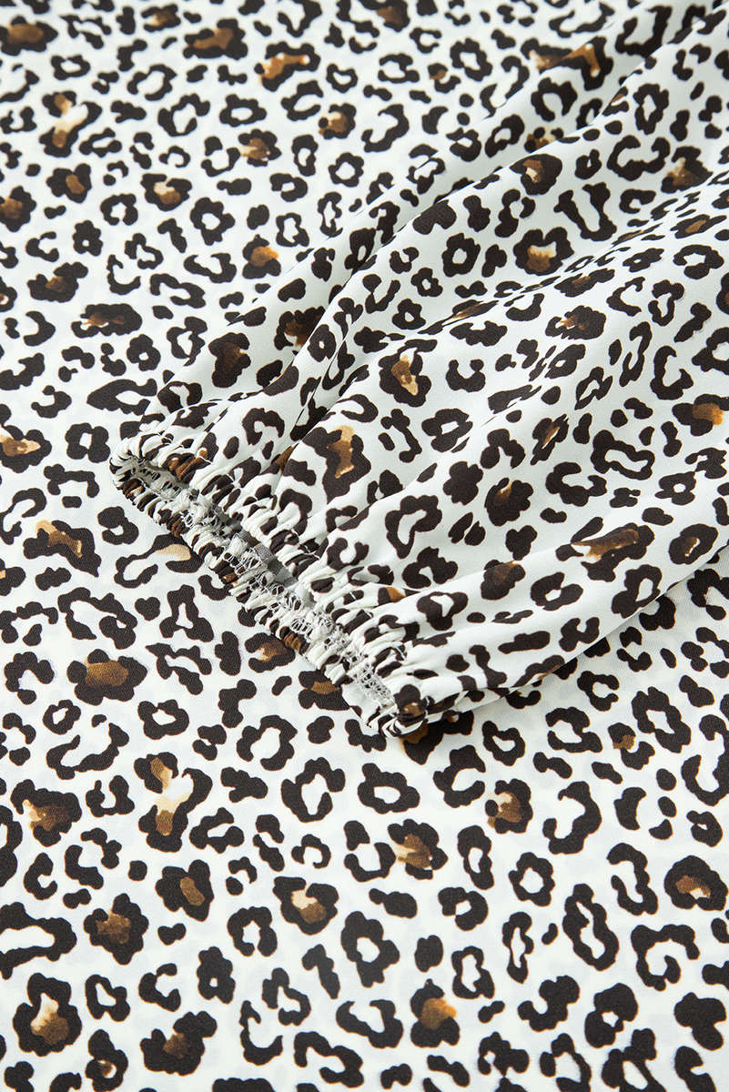 Khaki Plus Size Button V Neck Leopard Print Puff Sleeve Loose Mini Dress