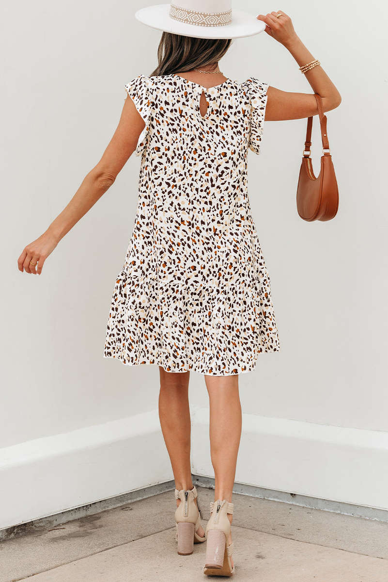 Khaki Leopard Ruffled Flutter Sleeve Keyhole Back Mini Dress