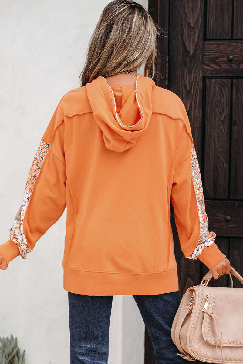 Flamingo Mix Floral Patchwork Side Slit Drawstring Hoodie
