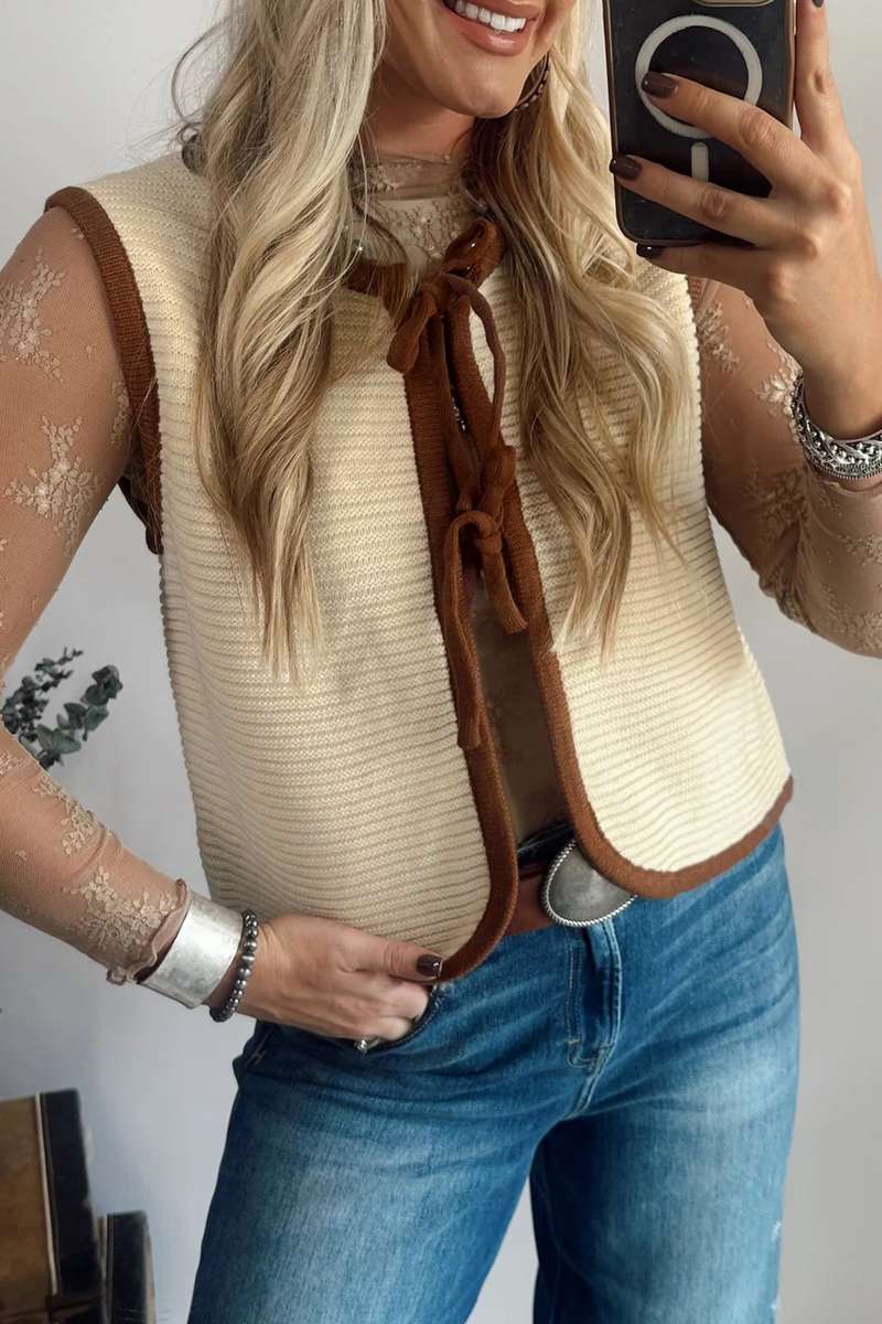 White Horizontal Ribbed Knit Contrast Trim Ties Front Sweater Vest