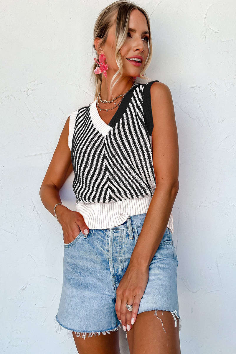 Black Contrast Chevron Knit V Neck Sweater Vest