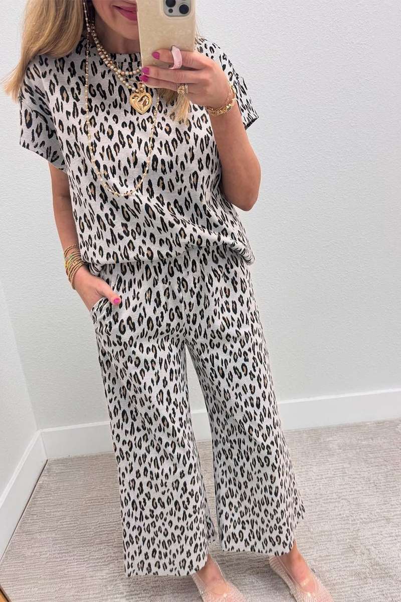 Beige Leopard Print Casual Tee and Pants 2pcs Outfit