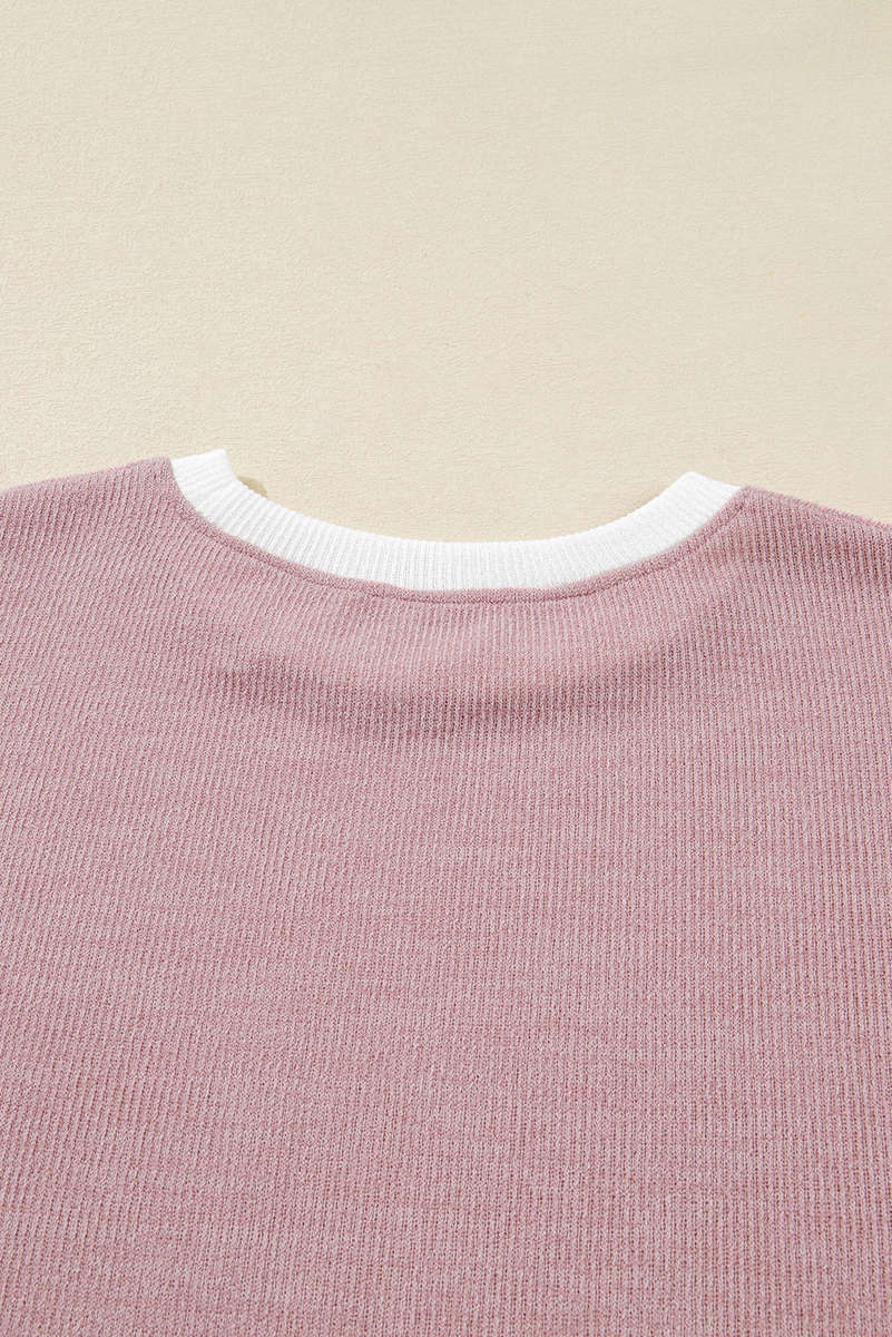 Light Pink Contrast Trim Knitted Drop Shoulder Plus Size Top