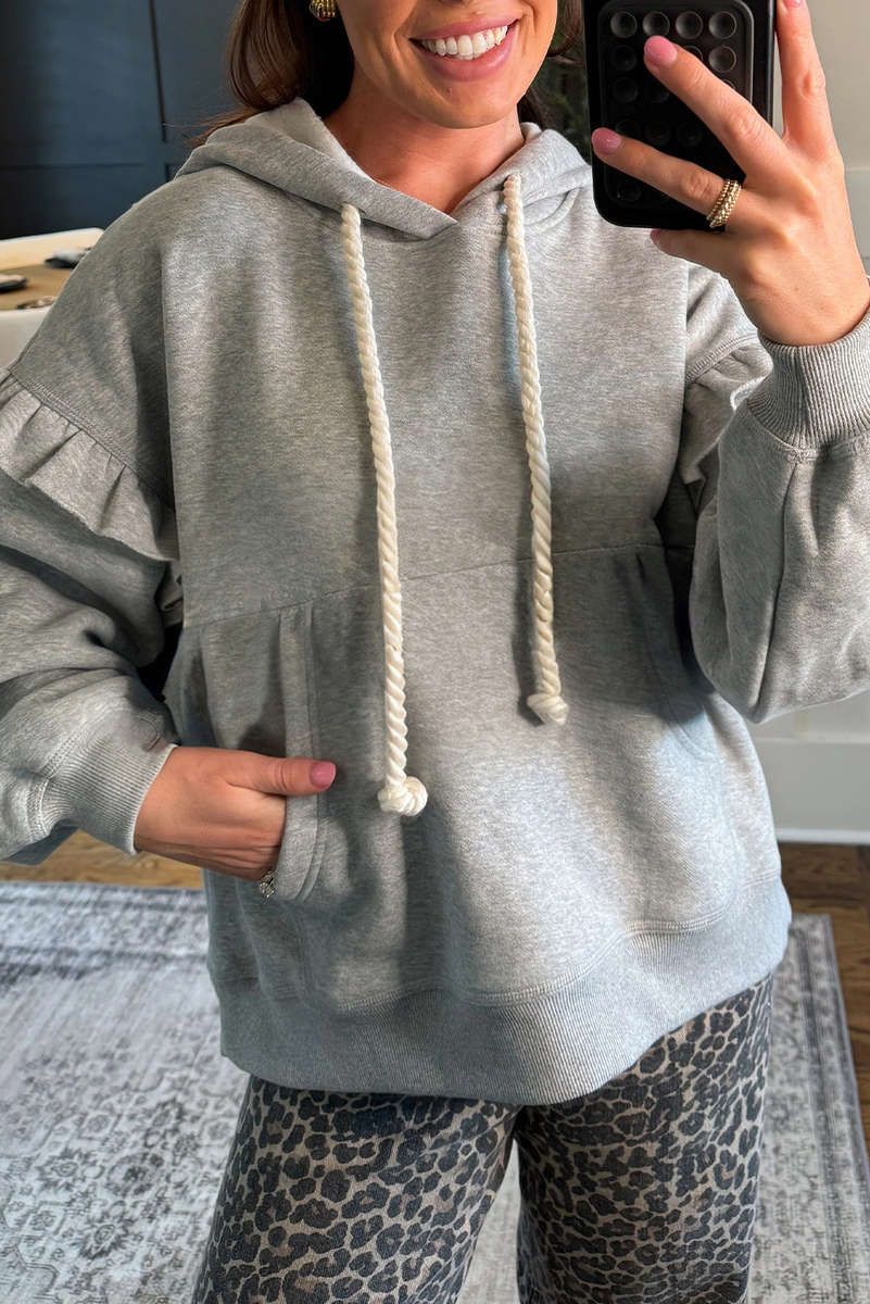Gray Contrast Rope Drawstring Ruffle Trim Drop Shoulder Baggy Hoodie