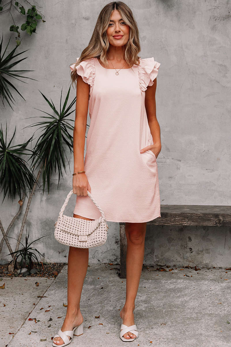 Light Pink Textured Flutter Sleeve Square Neck Bow Back Mini Dress