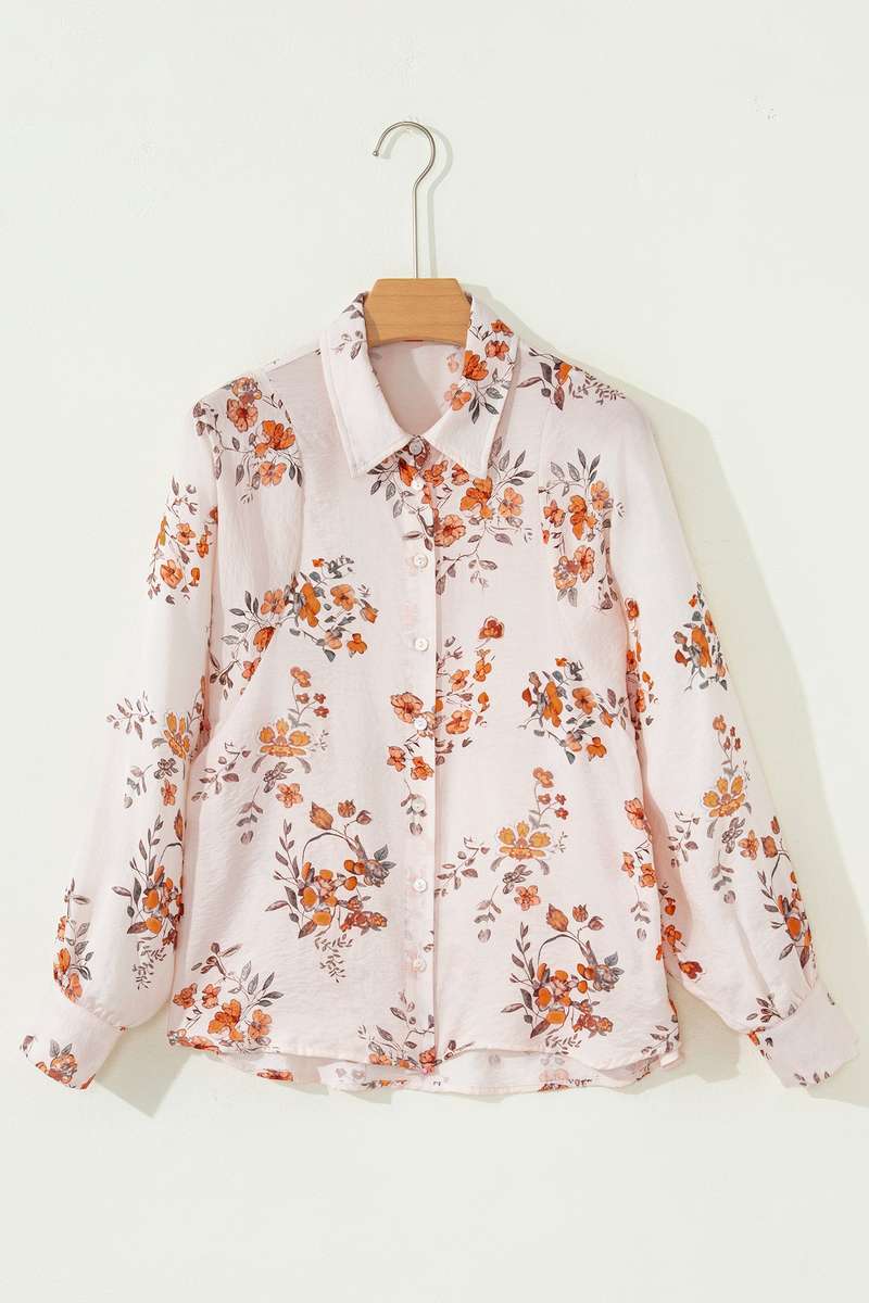 Apricot Floral Printed Silky Button Up Long Sleeve Shirt