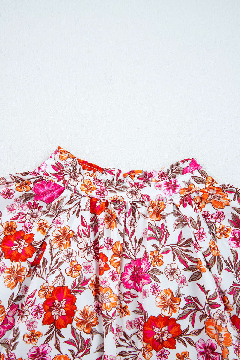 Pink Floral Print Tie Split Neck Bracelet Sleeve Blouse