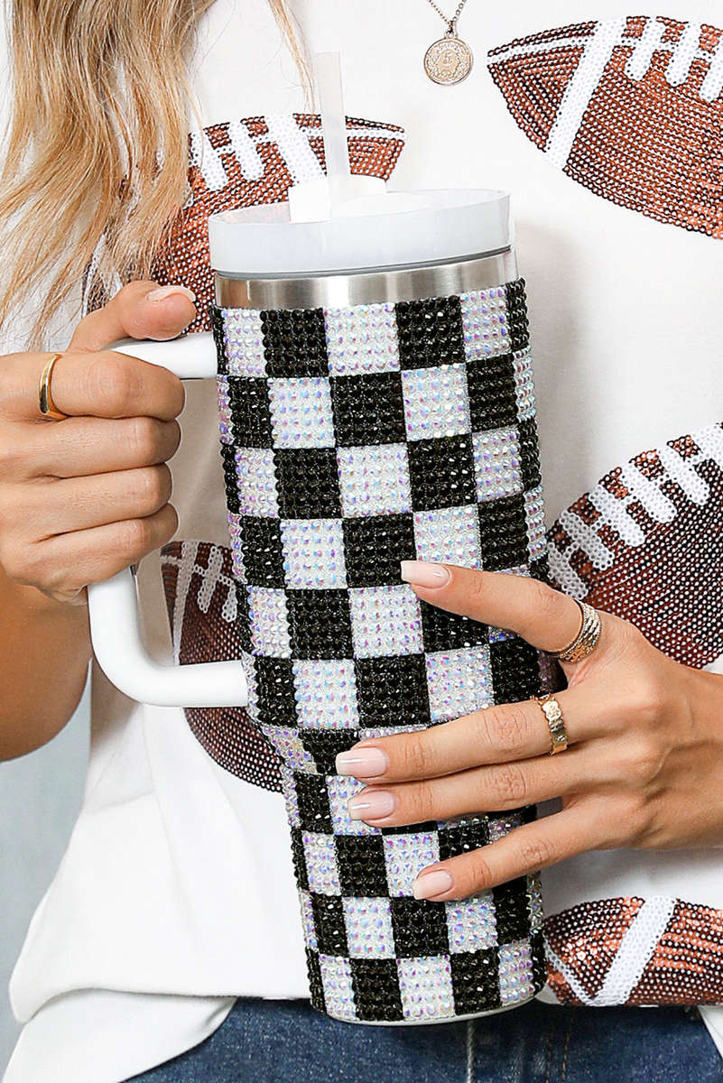 Black Full Rhinestone Checkerboard Handled Tumbler 40oz