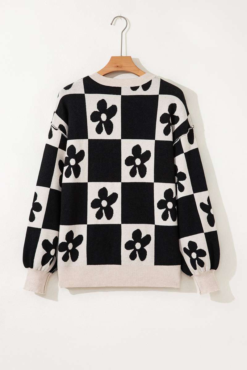 Black Flower Plaid Henley Baggy Sweater