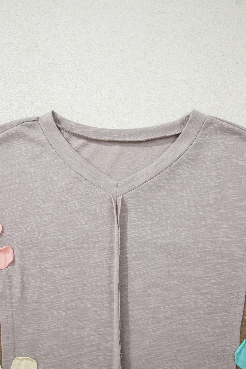 Green Flower Patched Exposed Seam Bracelet Sleeve Oversized T Shirt