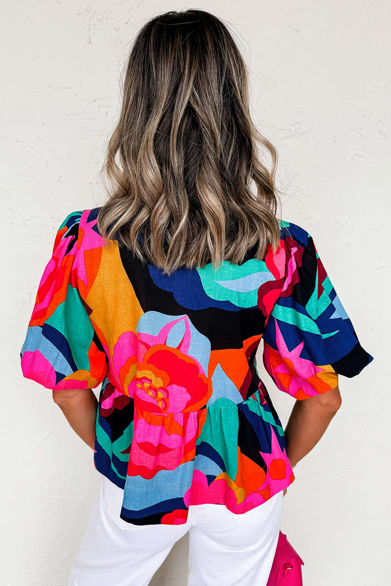 Red Abstract Floral Print Front Tied Puff Sleeve Babydoll Blouse
