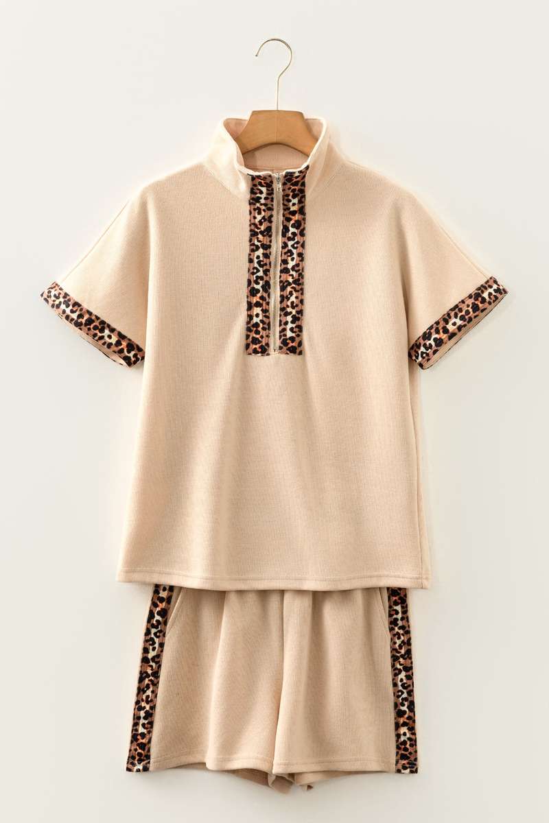 Parchment Leopard Trim Zipped Short Sleeve Casual Set