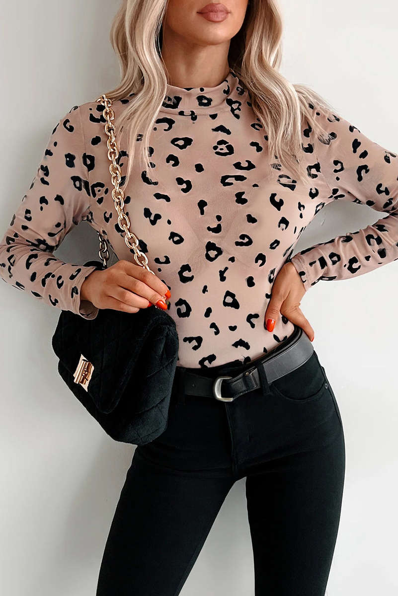 Khaki Mock Neck Sheer Mesh Leopard Long Sleeve Bodysuit