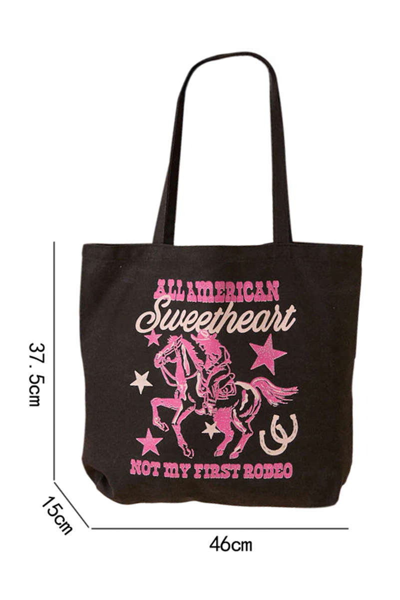 Black ALL AMERICAN NOT MY FIRST RODEO Letter Bow Print Canvas Tote Bag