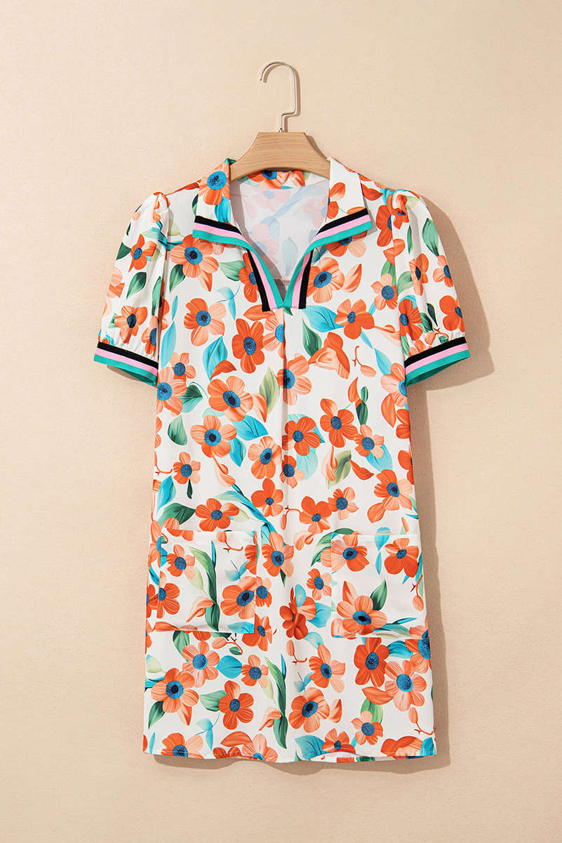 Orange Contrast Trim Floral Split Neck Puff Short Sleeve Tiered Mini Dress