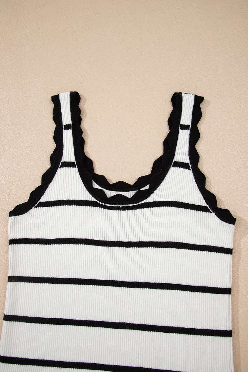 Black Striped Scalloped Edge U Neck Sleeveless Sweater Vest