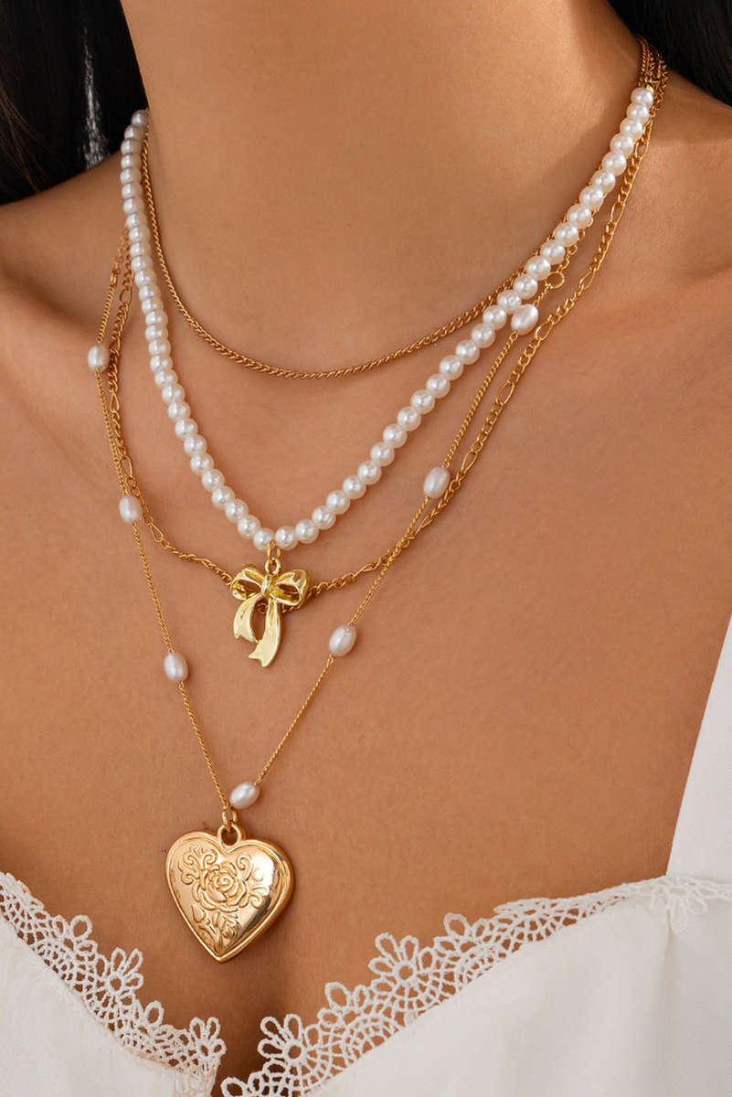 Gold Plated Bow Heart Pendant Pearl Beading Multilayer Necklace