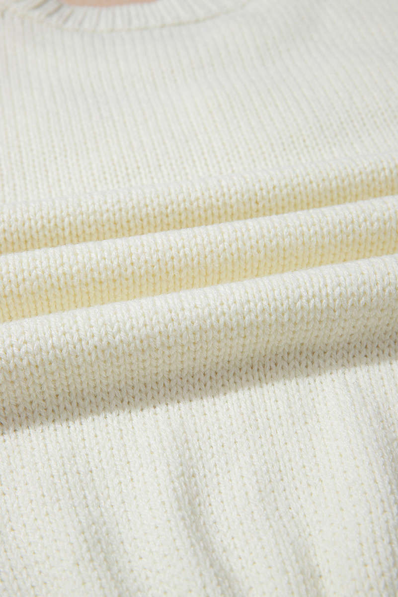 White Flower Detail Round Neck Contrast Textured Puff Sleeve Sweater