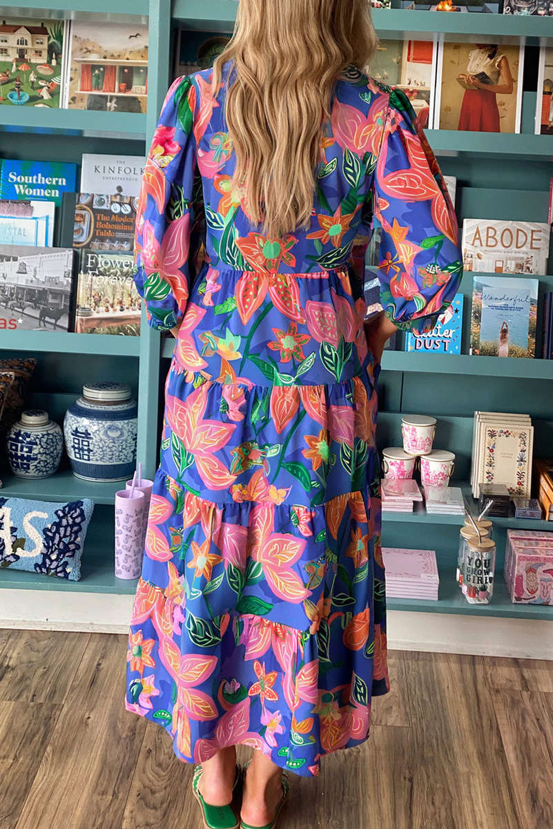 Blue Floral Print 3/4 Sleeve V Neck Tiered Long Dress