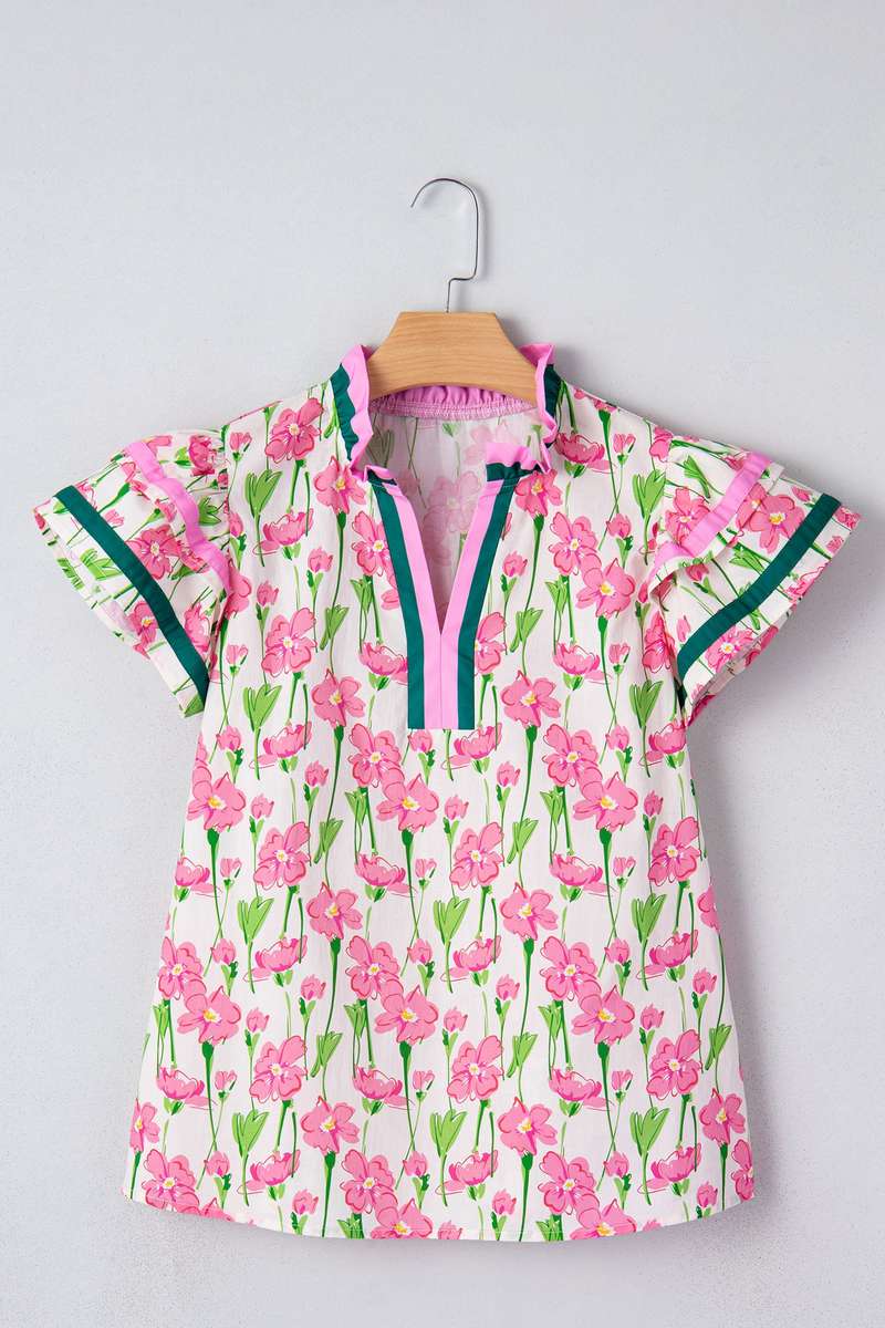 Pink Floral Print Contrast Trim V Neck Double Ruffled Short Sleeve Blouse