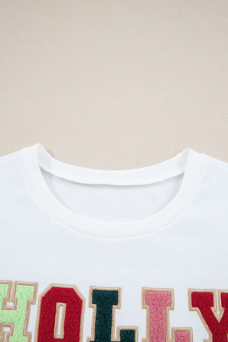 White HOLLY JOLLY Embroidered Graphic Pullover Sweatshirt