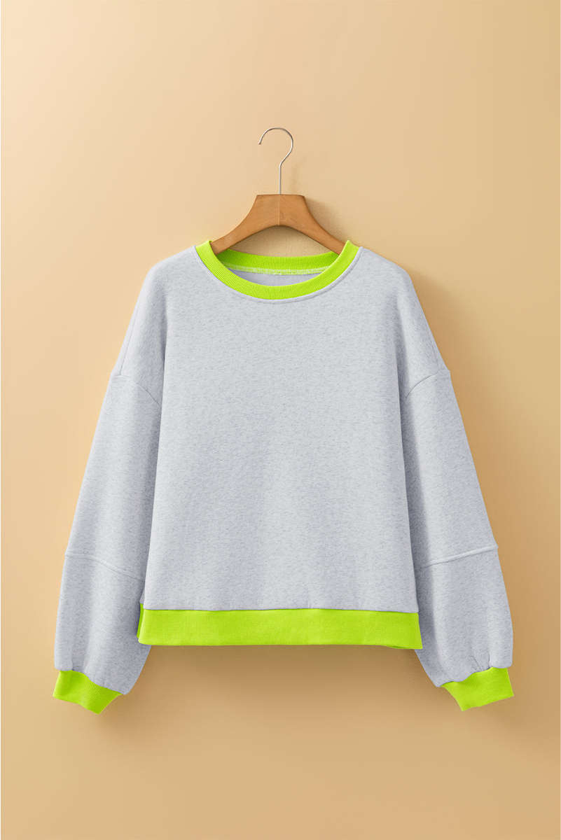 Light Grey Contrast Color Banding Patchwork Puff Sleeve Loose Sweatshirt